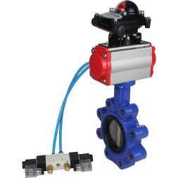 Затвор дисковый поворотный WBV1631N-2W-Fb-H Ду65 Ру16 LUG корпус - чугун QT450, диск - нержавеющая сталь 304, уплотнение - NBR, с пневмоприводом PA-DA-065, пневмораспределителем 4V320-08 AC220V и БКВ APL-210N