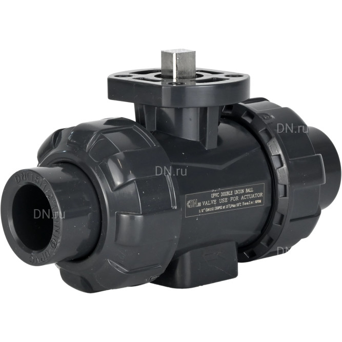 Кран шаровой BV4242E-FP-GRM-ISO Дн32 Ру10 полнопроходной, клеевой с разборным муфтовым соединением, корпус - UPVC (НПВХ), шар - UPVC (НПВХ), уплотнение - EPDM, с ISO-фланцем и голым штоком квадратным