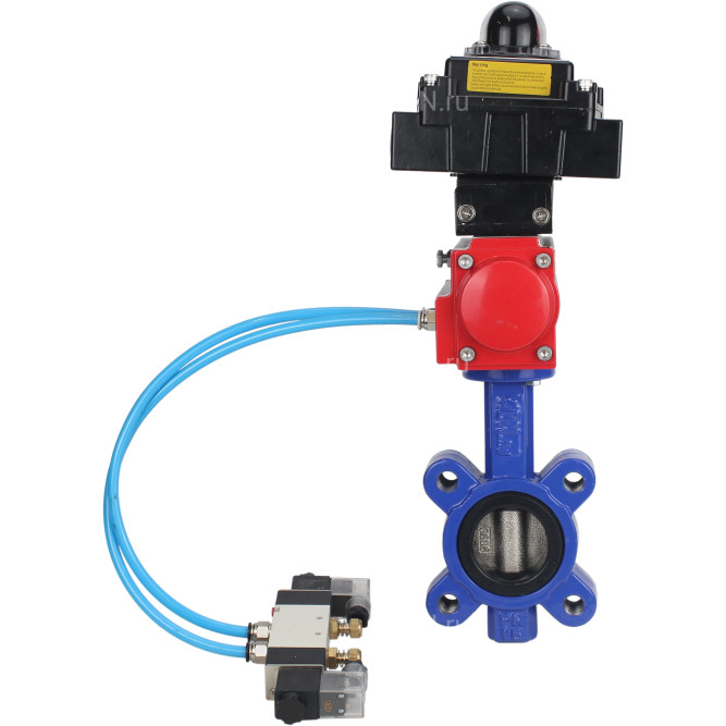 Затвор дисковый поворотный WBV1616N-2W-Fb-H Ду65 Ру16 LUG корпус - чугун QT450, диск - чугун QT450, уплотнение - NBR, с пневмоприводом PA-SA-105, пневмораспределителем 4V320-08 AC220V и БКВ APL-410N EX