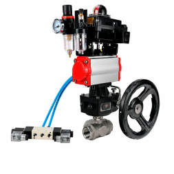 Кран шаровой BV3232P(4pc)-SP-3WT-T-ISO-H WDVF Ду25 Ру63 стандартнопроходной, 3-ходовой Т-тип, внутренняя резьба, с пневмоприводом PA-DA-065, пневмораспределителем 4V320-10 AC220V, БКВ APL-410N EX, БПВ AFC2000 и ручным дублером MON1-250-T26-ISO
