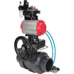 Кран шаровой BV4242E-FP-GRM-ISO Дн40 Ру10 полнопроходной, корпус - НПВХ, шар - НПВХ, уплотнение - EPDM, с пневмоприводом PA-DA-052, пневмораспределителем 4V320-08 AC220V, ручным дублером MON1-250-T26-ISO, БКВ APL-210N и БПВ AFC2000