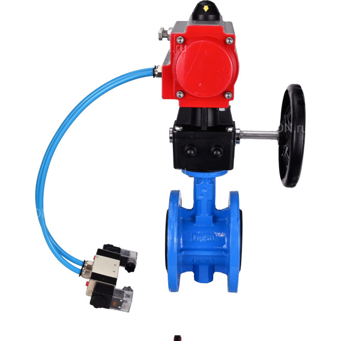 Затвор дисковый поворотный WBV1313E-2W-F-H Ду65 Ру16 фланцевый, корпус - чугун GGG40, диск - чугун GGG40, EPDM, с пневмоприводом PA-DA-105, пневмораспределителем 4V320-08 AC220V и ручным дублером MON1-250-T26-ISO