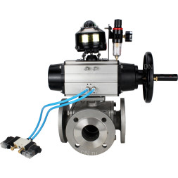 Кран шаровой BV3232P(4pc)-FP-3WL-F Ду100 Ру16 полнопроходной трехходовой, фланцевый, корпус - нержавеющая сталь SS316, с пневмоприводом PA-DA-105-1, пневмораспределителем 4V320-10 AC220V, БКВ APL-510N EX и БПВ AFC2000