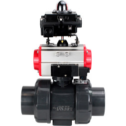 Кран шаровой BV4242E-FP-GRM-ISO Дн32 Ру10 полнопроходной, корпус - НПВХ, шар - НПВХ, уплотнение - EPDM, с пневмоприводом PA-DA-052, пневмораспределителем 4M310-08 AC220V и БКВ APL-410N EX