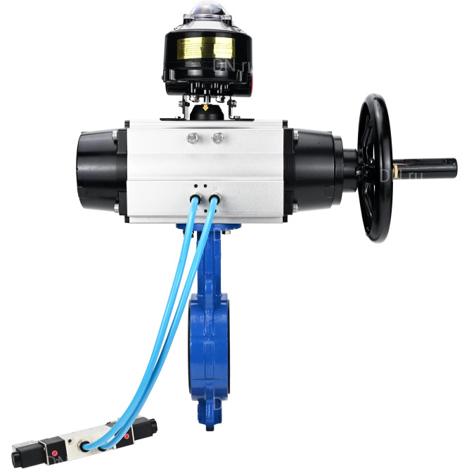 Затвор дисковый поворотный WBV1132N-2W-Fb-H Ду150 Ру16, корпус - чугун GG25, диск - нержавеющая сталь 316L, уплотнение - NBR, с пневмоприводом PA-DA-105-1 двойного действия, с пневмораспределителем 4V320-10 AC220V, с БКВ APL-510N-EX