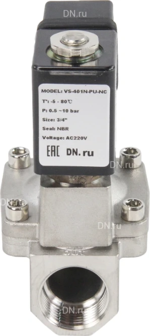 Клапан электромагнитный VS431-ET-NC-24VAC 3/4″ Ду20 Ру16 пилотного действия двухходовой, корпус - сталь нержавеющая 304, присоединение - внутренняя резьба, уплотнение - EPDM, нормально-закрытый, катушка - 24В AC