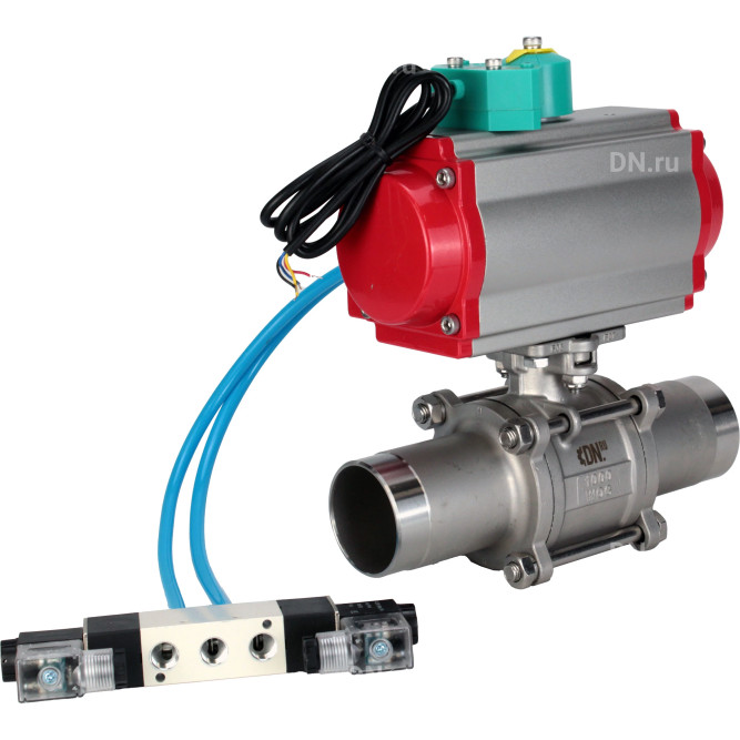 Кран шаровой BV3131P(3pc)-FP-W-ISO-H LONG Ду32 Ру40 полнопроходной, корпус - нержавеющая сталь 304, уплотнение - PTFE, под приварку, с пневмоприводом PA-DA-052, пневмораспределителем 4V320-08 AC220V и магнитным переключателем ALS200D