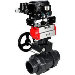 Кран шаровой BV4242E-FP-GRM-ISO Дн15 Ру10 полнопроходной, корпус - НПВХ, шар - НПВХ, уплотнение - EPDM, с пневмоприводом PA-DA-052, ручным дублером MON1-250-T26-ISO и пневмопозиционером YT-1000RSN без обратной связи