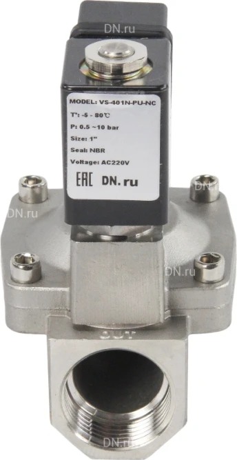 Клапан электромагнитный VS431-ET-NC-24VAC 1″ Ду25 Ру16 пилотного действия двухходовой, корпус - сталь нержавеющая 304, присоединение - внутренняя резьба, уплотнение - EPDM, нормально-закрытый, катушка - 24В AC