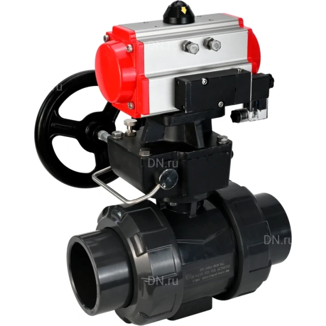 Кран шаровой BV4242E-FP-GRM-ISO Дн25 Ру10 полнопроходной, корпус - НПВХ, шар - НПВХ, уплотнение - EPDM, с пневмоприводом PA-DA-052, пневмораспределителем 4M310-08 DC24V и ручным дублером MON1-250-T26-ISO