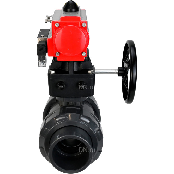 Кран шаровой BV4242E-FP-GRM-ISO Дн25 Ру10 полнопроходной, корпус - НПВХ, шар - НПВХ, уплотнение - EPDM, с пневмоприводом PA-DA-052, пневмораспределителем 4M310-08 DC24V и ручным дублером MON1-250-T26-ISO
