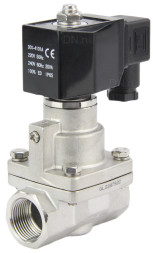 Клапан электромагнитный VS1031-PT-NC-220VAC 1 1/4″ Ду32 Ру12 соленоидный двухходовой поршневой, резьбовой, корпус - нержавеющая сталь AISI 304, уплотнение - PTFE, пилотного действия, нормально закрытый, катушка - 220В AC