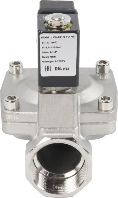 Клапан электромагнитный VS431-ET-NC-24VAC 1 1/4″ Ду32 Ру16 пилотного действия двухходовой, корпус - сталь нержавеющая 304, присоединение - внутренняя резьба, уплотнение - EPDM, нормально-закрытый, катушка - 24В AC