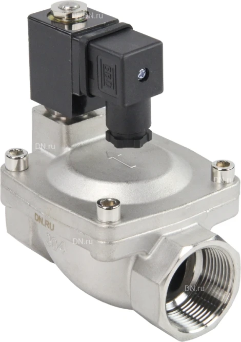 Клапан электромагнитный VS431-ET-NC-24VAC 1 1/4″ Ду32 Ру16 пилотного действия двухходовой, корпус - сталь нержавеющая 304, присоединение - внутренняя резьба, уплотнение - EPDM, нормально-закрытый, катушка - 24В AC