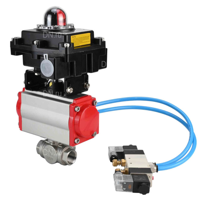 Кран шаровой BV3232P(4pc)-SP-3WL-T-ISO-H Ду32 Ру63, стандартнопроходной, четырехсоставной, корпус - нержавеющая сталь 316, уплотнение - PTFE, внутренняя резьба, с пневмоприводом PA-DA-052, пневмораспределителем 4V320-10 AC220V, БКВ APL-410N Ex
