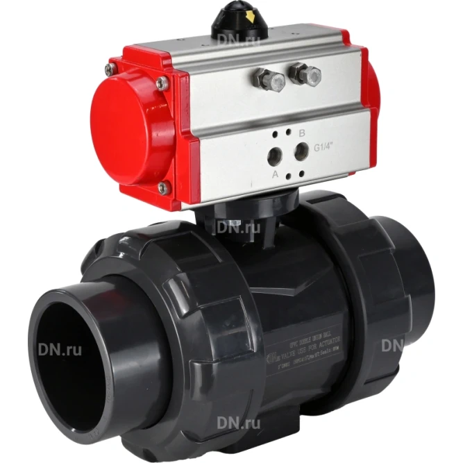 Кран шаровой BV4242E-FP-GRM-ISO Дн15 Ру10 полнопроходной, корпус - НПВХ, шар - НПВХ, уплотнение - EPDM, с пневмоприводом PA-DA-052 двойного действия
