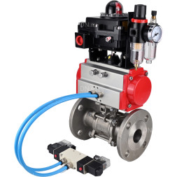 Кран шаровой BV3131P(3pc)-FP-F-ISO-H Ду40 Ру40, трехсоставной полнопроходной фланцевый, нержавеющая сталь SS304, уплотнение - PTFE, с пневмоприводом PA-DA-065, с пневмораспределителем 4V320-08 AC220V, с БКВ APL-410N EX, с БПВ AFC2000