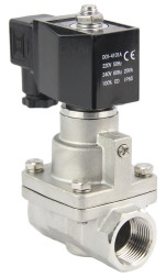 Клапан электромагнитный VS1031-PT-NC-220VAC 1 1/2″ Ду40 Ру12 соленоидный двухходовой поршневой, резьбовой, корпус - нержавеющая сталь AISI 304, уплотнение - PTFE, пилотного действия, нормально закрытый, катушка - 220В AC
