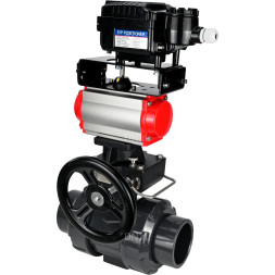 Кран шаровой BV4242E-FP-GRM-ISO Дн32 Ру10 полнопроходной, корпус - НПВХ, шар - НПВХ, уплотнение - EPDM, с пневмоприводом PA-DA-052, ручным дублером MON1-250-T26-ISO и пневмопозиционером YT-1000RSN без обратной связи
