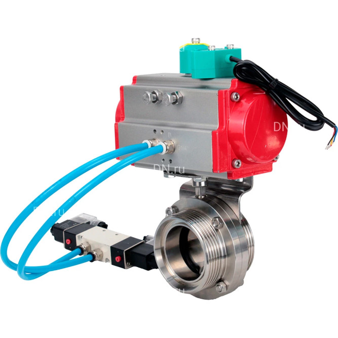 Затвор дисковый поворотный WBV3131S-2W-T-H Ду15 Ру10, резьбовой, пищевая нержавеющая сталь 304, уплотнение - Silicon, с пневмоприводом PA-DA-052, пневмораспределителем 4M320-08 AC220V и магнитным переключателем ALS200D