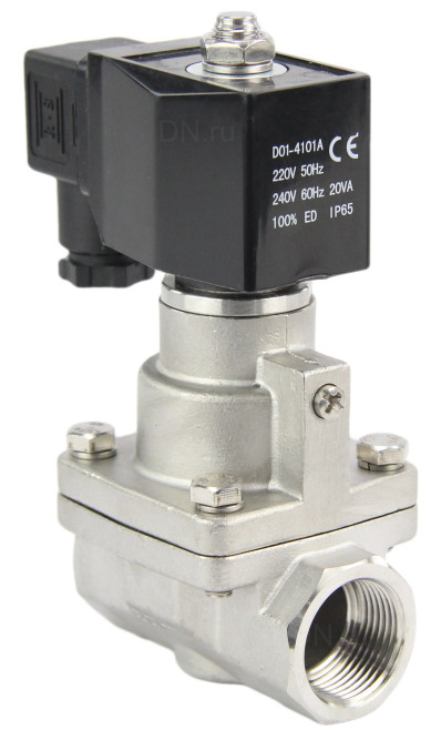Клапан электромагнитный VS1031-PT-NC-220VAC 2″ Ду50 Ру12 соленоидный двухходовой поршневой, резьбовой, корпус - нержавеющая сталь AISI 304, уплотнение - PTFE, пилотного действия, нормально закрытый, катушка - 220В AC