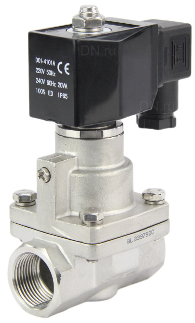 Клапан электромагнитный VS1031-PT-NC-220VAC 2″ Ду50 Ру12 соленоидный двухходовой поршневой, резьбовой, корпус - нержавеющая сталь AISI 304, уплотнение - PTFE, пилотного действия, нормально закрытый, катушка - 220В AC
