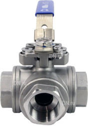 Кран шаровой BV3232P(4pc)-SP-3WL-T-ISO-H Ду32 Ру63, 3-ходовой L-тип стандартнопроходной, внутренняя резьба, уплотнение - PTFE, материал корпуса - нержавеющая сталь SS316 с ISO фланцем и рукояткой