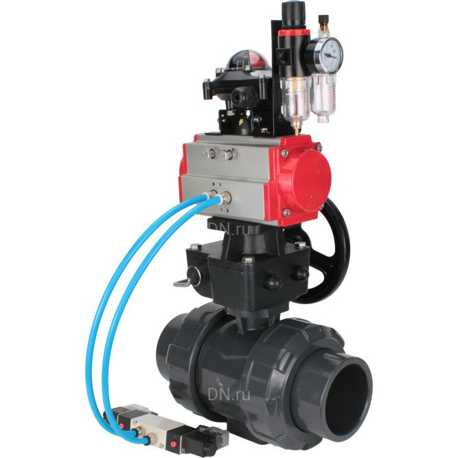 Кран шаровой BV4242E-FP-GRM-ISO Дн32 Ру10 полнопроходной, корпус - НПВХ, шар - НПВХ, уплотнение - EPDM, с пневмоприводом PA-DA-052, пневмораспределителем 4V320-10 AC220V, ручным дублером MON1-250-T26-ISO, БКВ APL-210N и БПВ AFC2000
