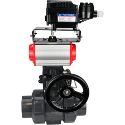 Кран шаровой BV4242E-FP-GRM-ISO Дн40 Ру10 полнопроходной, корпус - НПВХ, шар - НПВХ, уплотнение - EPDM, с пневмоприводом PA-DA-052, ручным дублером MON1-250-T26-ISO и пневмопозиционером YT-1000RSN без обратной связи