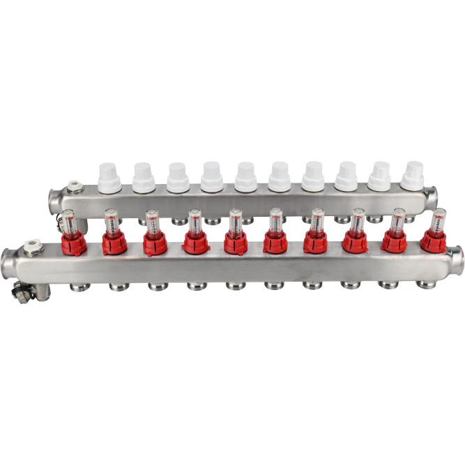 Коллекторная группа GC2-31-10 1″ Ду25 Ру10 отводов — 10, в сборе с расходомерами и терморегулирующими клапанами, дренажным краном и воздухоотводчиком, с заглушками, без переходников, корпус - нержавеющая сталь AISI 304