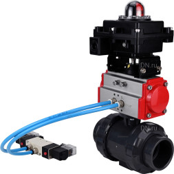 Кран шаровой BV4242E-FP-GRM-ISO Дн40 Ру10 полнопроходной, корпус - НПВХ, шар - НПВХ, уплотнение - EPDM, с пневмоприводом PA-DA-052, пневмораспределителем 4V320-10 AC220V и БКВ APL-410N EX