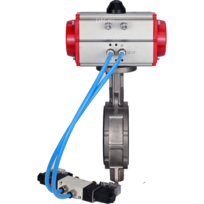 Затвор дисковый поворотный WBV3232N-2W-Fb-H Ду125 Ру16, корпус - нержавеющая сталь 316L, диск - нержавеющая сталь 316L, уплотнение - NBR, с пневмоприводом PA-SA-130 с возвратными пружинами, с пневмораспределителем 4V320-10 AC220V