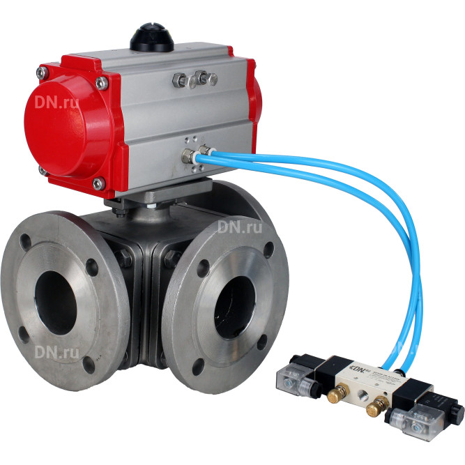 Кран шаровой BV3232P(4pc)-FP-3WL-F Ду65 Ру16 полнопроходной трехходовой, фланцевый, корпус - нержавеющая сталь SS316, с пневмоприводом PA-DA-083 двойного действия и пневмораспределителем 4V320-08 AC220V