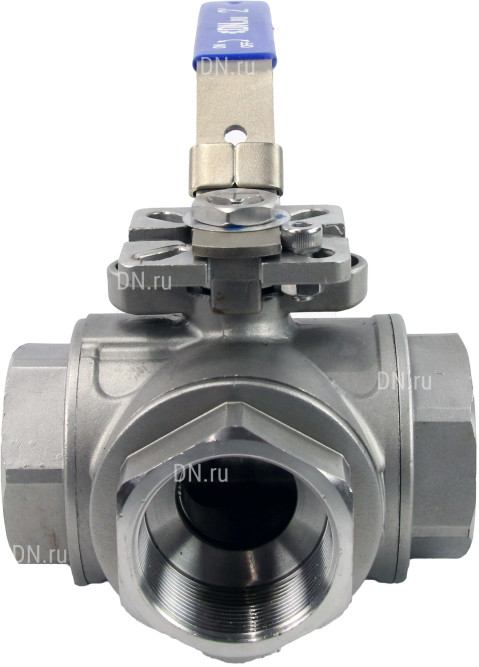 Кран шаровой BV3232P(4pc)-SP-3WL-T-ISO-H Ду50 Ру63, 3-ходовой L-тип стандартнопроходной, внутренняя резьба, уплотнение - PTFE, материал корпуса - нержавеющая сталь SS316 с ISO фланцем и рукояткой
