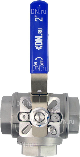Кран шаровой BV3232P(4pc)-SP-3WL-T-ISO-H Ду50 Ру63, 3-ходовой L-тип стандартнопроходной, внутренняя резьба, уплотнение - PTFE, материал корпуса - нержавеющая сталь SS316 с ISO фланцем и рукояткой