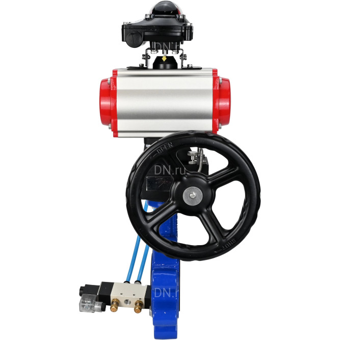 Затвор дисковый поворотный WBV1631N-2W-Fb-H Ду65 Ру16 LUG корпус - чугун QT450, диск - нержавеющая сталь 304, уплотнение - NBR, с пневмоприводом PA-DA-065, пневмораспределителем 4V320-08 AC220V, БКВ APL-210N и редуктором MON1-250-T26-ISO