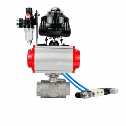 Кран шаровой BV3232P(4pc)-SP-3WL-T-ISO-H WDVF Ду40 Ру63 стандартнопроходной, 3-ходовой L-тип, внутренняя резьба, нержавеющая сталь AISI 316, PTFE, с пневмоприводом PA-DA-083, пневмораспределителем 4V320-08 AC220V, БКВ APL-510N EX и БПВ AFC2000