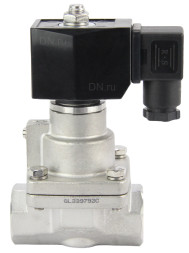 Клапан электромагнитный VS1031-PT-NC-24VDC 1/2″ Ду15 Ру16 соленоидный двухходовой поршневой, резьбовой, корпус - нержавеющая сталь AISI 304, уплотнение - PTFE, пилотного действия, нормально закрытый, катушка - 24В DC