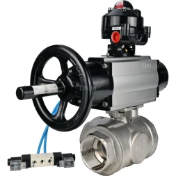 Кран шаровой BV3232P(4pc)-SP-3WL-T-ISO-H Ду80 Ру40, стандартнопроходной, четырехсоставной, корпус - нержавеющая сталь 316, уплотнение - PTFE, внутренняя резьба, с пневмоприводом PA-DA-105-1, пневмораспределителем 4V320-08 AC220V, БКВ APL-510N Ex