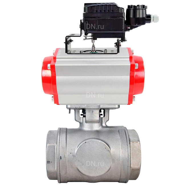 Кран шаровой BV3232P(4pc)-SP-3WT-T-ISO-H WDVF Ду25 Ру63 стандартнопроходной, 3-ходовой Т-тип, внутренняя резьба, нержавеющая сталь AISI 316, с пневмоприводом PA-DA-065 и электропневматическим поворотным позиционером YT-1000RSN с обратной связью