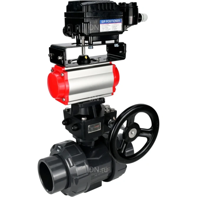 Кран шаровой BV4242E-FP-GRM-ISO Дн80 Ру10 полнопроходной, корпус - НПВХ, шар - НПВХ, уплотнение - EPDM, с пневмоприводом PA-DA-065, ручным дублером MON1-250-T26-ISO и пневмопозиционером YT-1000RSN без обратной связи