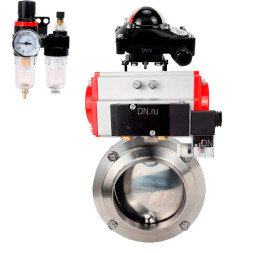 Затвор дисковый поворотный WBV3131E-2W-W-H Ду25 Ру10 под приварку, пищевая нержавеющая сталь 304, уплотнение – EPDM, с пневмоприводом PA-DA-052, пневмораспределителем 4M310-08 AC220V, БКВ APL-210N и БПВ AFC2000