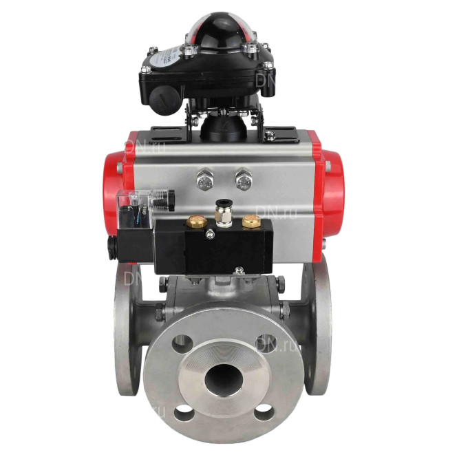 Кран шаровой BV3232P(4pc)-FP-3WL-F Ду65 Ру16 полнопроходной трехходовой, фланцевый, корпус - нержавеющая сталь SS316, с пневмоприводом PA-DA-083 двойного действия, пневмораспределителем 4M310-08 DC24V и БКВ APL-210N