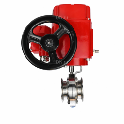 Затвор дисковый поворотный WBV3131S-2W-C-H Ду15 Ру10 кламповый, корпус - пищевая нержавеющая сталь 304, уплотнение - Silicon, с электроприводом QT-EX-005M-O2-220VAC-У1 с моментной муфтой и штурвалом