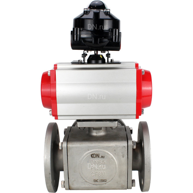 Кран шаровой BV3232P(4pc)-FP-3WL-F Ду100 Ру16 полнопроходной трехходовой, фланцевый, корпус - нержавеющая сталь SS316, с пневмоприводом PA-DA-105 двойного действия, пневмораспределителем 4M310-08 DC24V и БКВ APL-510N EX