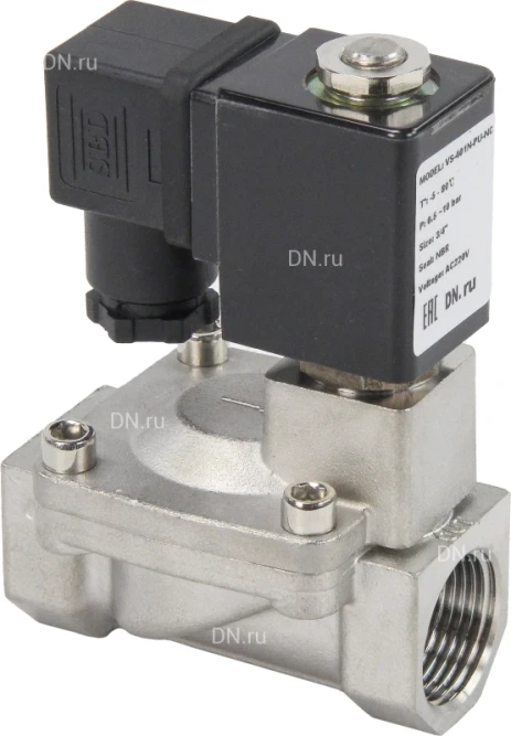 Клапан электромагнитный VS431-VT-NC-24VAC 3/4″ Ду20 Ру16 пилотного действия двухходовой, корпус - сталь нержавеющая 304, присоединение - внутренняя резьба, уплотнение - VITON, нормально-закрытый, катушка - 24В AC