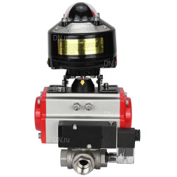 Кран шаровой BV3232P(4pc)-SP-3WL-T-ISO-H 3/8″ Ду10 Ру63 стандартнопроходной трехходовой L-тип, нержавеющая сталь SS316, внутренняя резьба, уплотнение - PTFE, с пн.приводом PA-DA-052 пн.распределителем 4M310-08 AC220V и БКВ APL-510N-EX