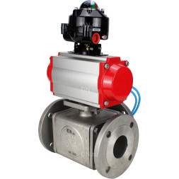 Кран шаровой BV3232P(4pc)-FP-3WL-F Ду100 Ру16 полнопроходной трехходовой, фланцевый, корпус - нержавеющая сталь SS316, с пневмоприводом PA-DA-105 двойного действия, пневмораспределителем 4V320-08 AC220V и БКВ APL-510N EX