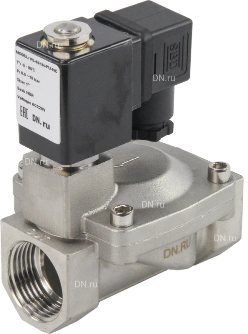 Клапан электромагнитный VS431-VT-NC-24VAC 1″ Ду25 Ру16 пилотного действия двухходовой, корпус - сталь нержавеющая 304, присоединение - внутренняя резьба, уплотнение - VITON, нормально-закрытый, катушка - 24В AC