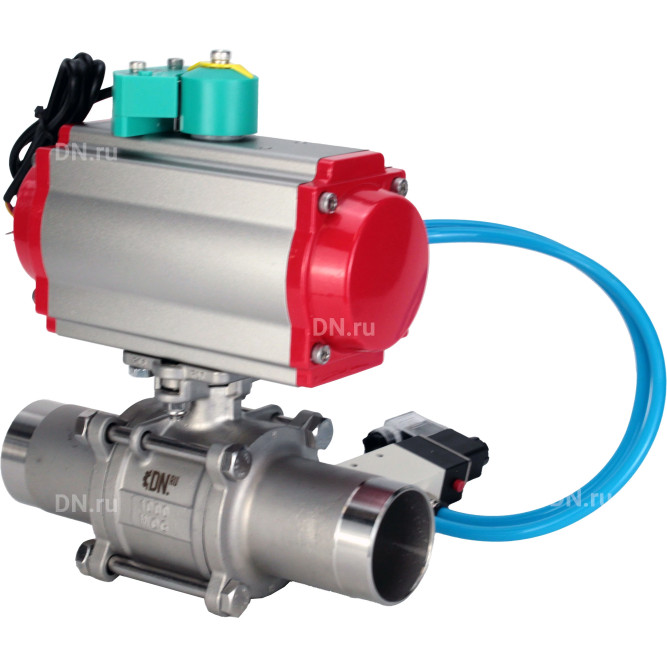 Кран шаровой BV3131P(3pc)-FP-W-ISO-H LONG Ду40 Ру40 полнопроходной, корпус - нержавеющая сталь 304, уплотнение - PTFE, под приварку, с пневмоприводом PA-DA-065, пневмораспределителем 4V320-10 AC220V и магнитным переключателем ALS200D